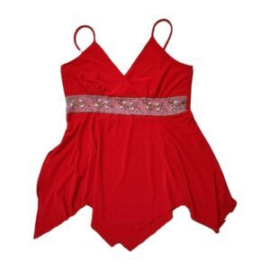 VTG Mint Red Handkerchief Hem Tank Blouse Embroidered Sheer Trim Y2K Sz S